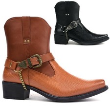 GENTS COWBOY RIDING ANKLE MENS CUBAN HEEL SLIP ON BUCKLE BIKER CHAIN BOOTS SHOES