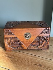 Vintage Chinese Hand Carved Camphor Wood Box with Brass Clasp