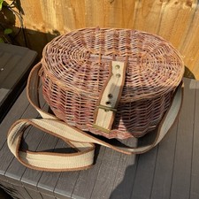 Vintage wicker oval shaped fishing,  picnic, hamper basket cotton strap & belt 