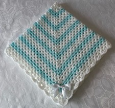 NEW HAND CROCHET BABY BLANKET IN WHITE/AQUA WITH WHITE BOW  28x28  INCHES APPROX