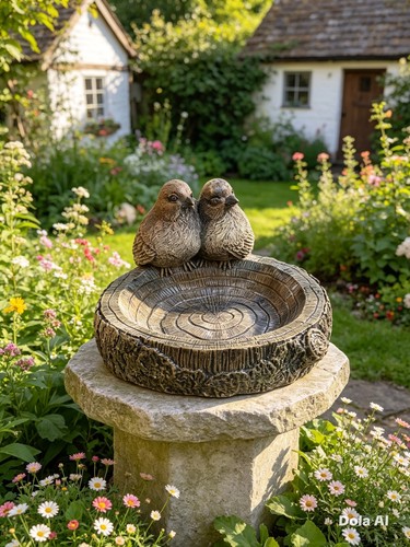 Birds log garden bird bath - birds, on