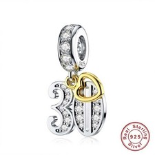 S925 Sterling Silver 30th Birthday Gold Tag Dangle Heart Charm For Bracelet