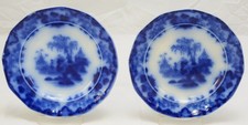 Pair of Antique Flow Blue Staffordshire Alcock 7 Inch Scinde Plates 1850
