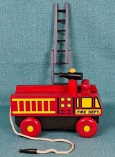 Vintage Wooden Schoolhouse Fire Department Engine Truck Pull Toy w/ 2 Fireman