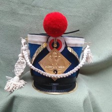 French Leather Napoleonic Blue Shako Military Red pompom & Cord Shako Helmet