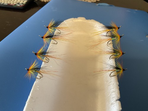 Four salmon flies green - salmon, flies,