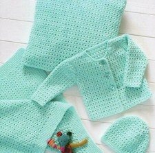 (CBS6) CROCHET PATTERN -  BABY BLANKET, CUSHION CARDIGAN & HAT DK SIZE 12" - 22"