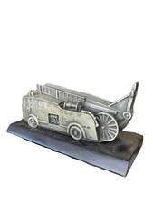 COMPULSION GALLERY PEWTER WHEELED ESCAPE FIRE ENGINE WITH WOODEN DISPLAY STAND