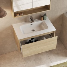 Wall Hung Vanity Unit 800mm Bathroom Cabinet 2 Drawers & Classic Basin Light Oak