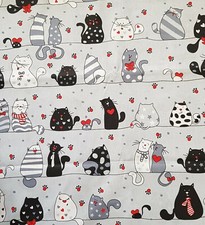 100% Cotton Fabric Black Cats Red Hearts on Grey Width 160 cm (62") 