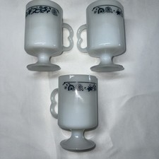 Vintage Lot Of 3 Pyrex Old Town Blue Onion Pedestal Mugs Cups Milk Glass #78
