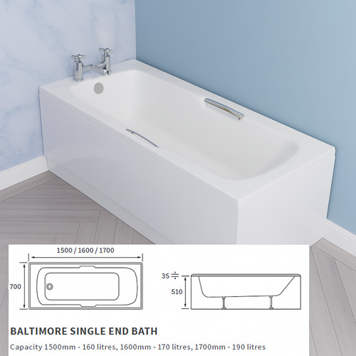 1600mm acrylic twin grip bath - 1600mm,