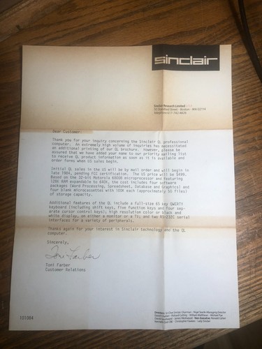 Letter from sinclair research - letter,