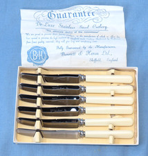 Vintage Boxed Faux Bone Handled Dessert Knives Bennett & Heron 8" Unused
