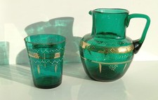 Jug & matching water glass Bohemian Emerald Green white enamel gold gilt Antique