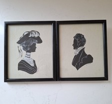 Pair Of Framed Silhouette  Victorian Ladies Original Ink On Paper Vintage  