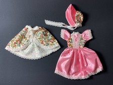 Vintage Faerie Glen dress pink satin + floral cape + bonnet hat fit 12” doll
