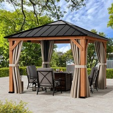 11’x11’ Outdoor Wooden Gazebo with Polycarbonate Hip Roof Hardtop,Curtains