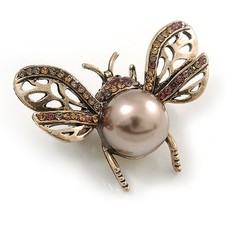 Small Vintage Inspired Crystal Faux Pearl Bug Brooch In Aged Gold Tone - 40mm