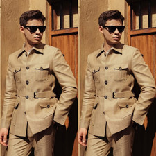 Summer Men's Safari Jacket with Belt Khaki Multi Pockets Outdoor Hunting Coats