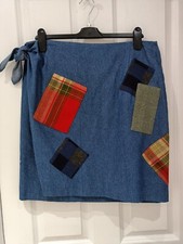MOLOH Blue Denim Patchwork Wrap Skirt Size 14 Knee Length, Tie At The Side