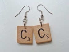 Scrabble Earrings All letters initial vintage wooden tiles silver surgical steel