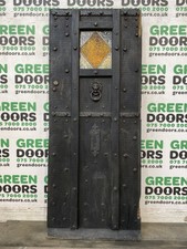 SOLID OAK FRONT DOOR 1930s ANTIQUE WOODEN WOOD STAINED GLASS MEDIEVAL STYLE OLD