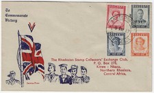 S Rhodesia 1947 Illustrated  FDC sg 64-7 KGVI Victory ENKELDOORN 8 MAY Proud D5