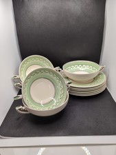 Set Of 5 Crown Ducal Double Handled Soup Bowls And Plates Green Cream Leaf Gold