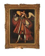 Antique 19th century Cusco school archangel Michael large oil painting