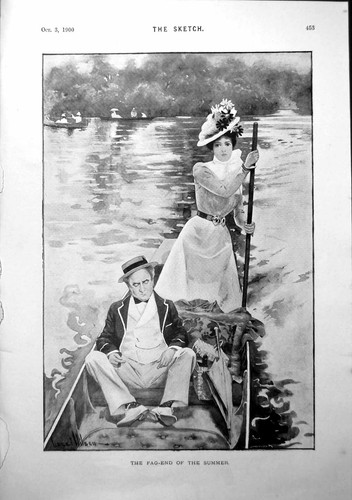 Antique print lady - lady, punting