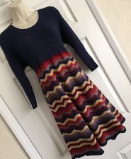 Cosy Monsoon Dawn SIze L 14 16 18 Navy Chevron Wool Flare Knitted Jumper Dress