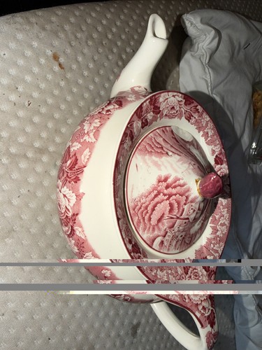 Pink red transferware teapot - pink/red,