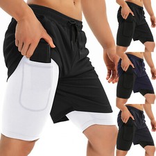 Mens 2 in 1 Running Shorts Quick Dry Sports Athletic Workout with Side Pockets