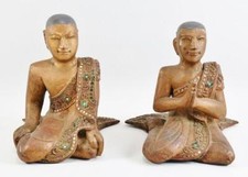 Pair Antique Burmese Carved & Lacquered Wood BUDDHIST Monk Disciple Figures 28cm