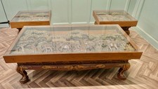 Art Deco Teak Coffee Table Set Carved with Elephants