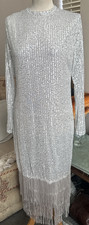 Gorgeous Silver Sequinned & Tasselled Gatsby Style Flapper Dress Long Size 2XL