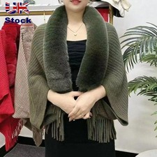 Cloak Cardigan Cape Faux Fur Collar Knitting Shawl Winter Warm Plush Wraps