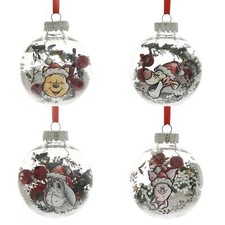 Disney Christmas Tree Baubles Winnie the Pooh with Snow and Berries Set of 4