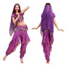 Women Belly Dance Costume Top Pants Belt Veil Bracelet Halloween Bollywood Set