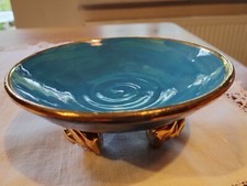 Mary Rose Young signed blue pottery soap / trinket dish on rose feet
