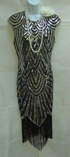 1920'S GATSBY VINTAGE CHARLESTON SEQUIN BEADED TASSEL FLAPPER DRESS SIZE 10