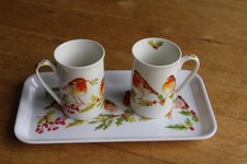 Lesser & Pavey Jennifer Rose Gallery Robins Set of Two Mugs & Tray in gift box