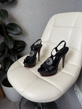 Yves Saint Laurent YSL Black Leather Tribute Platform Sandals Crystal Heels