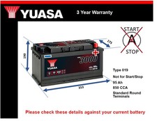 Car Battery YBX3019 Yuasa 019 850A 95Ah 3Yr Warranty 353x175x190 SMF
