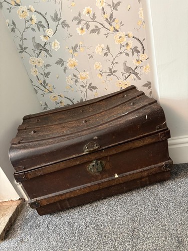 Vintage metal steamer trunk - vintage,