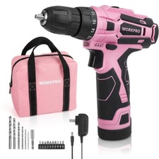 WORKPRO Pink Cordless Drill Driver Set, 12V Electric Screwdriver Driver Tool Kit