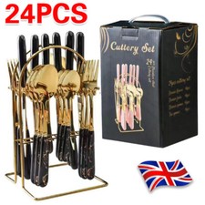24X CUTLERY DINNER SET STAINLESS STEEL METAL STAND RACK FORKS TEA SPOONS POLISH