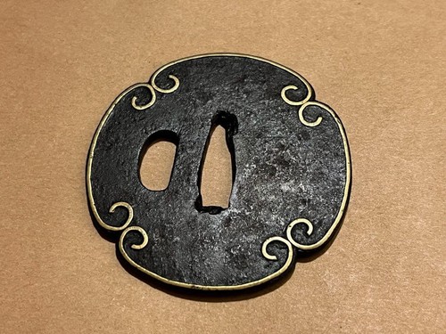 Antique iron tsuba with brass - iron,