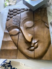 Vintage large heavy wooden carved Buddha triple wall plaque